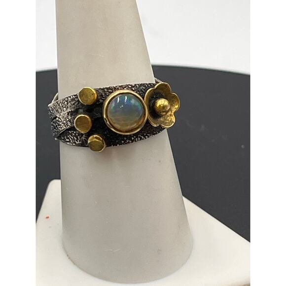 Artisan Pebbled Sterling Silver and Brass 6mm Opal Cabochon Floral Ring Sz 9 - Picture 2 of 11